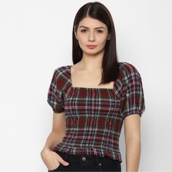 American Eagle Plaid| Puff Sleeve| Smocked Blouse - Picture 3 of 13